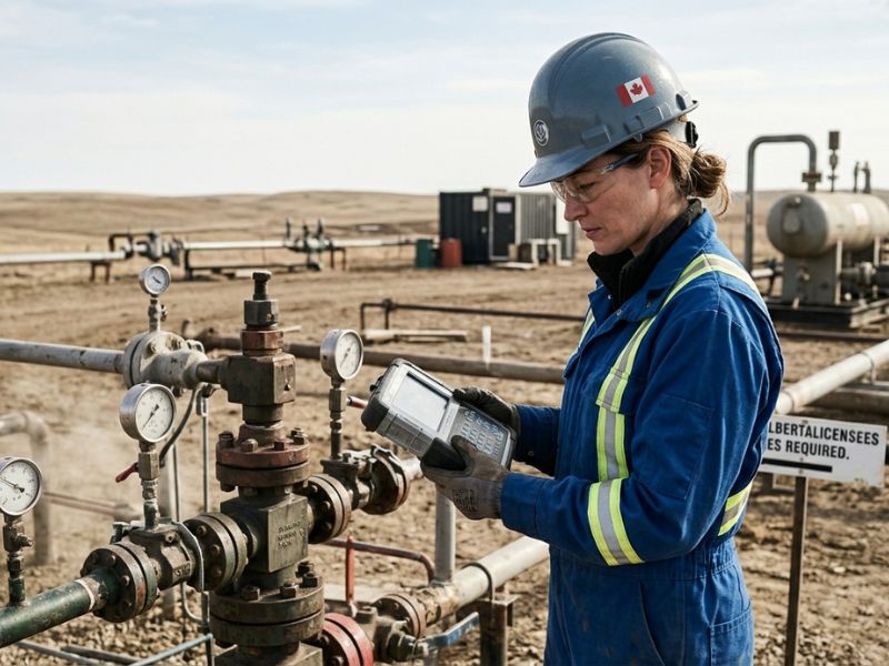 Oilfield well testing operator at work in full PPE