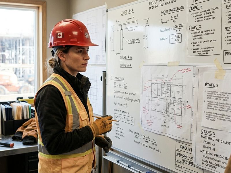 Hands reviewing trade planning documents and blueprints