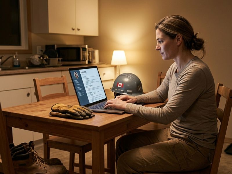 Tradesperson reviewing resume and career materials at home